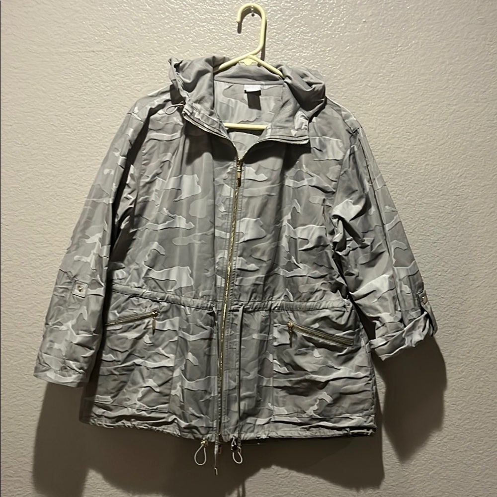 Chicos Zenergy Anorak Gray Camo Embossed Womens Chicos 2 (12-14) Coat Jacket